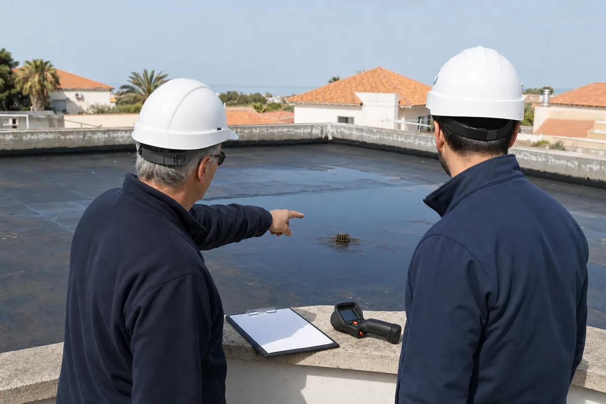 סקר גג לפני איטום בדיקת גג לפני איטום גגות, איתור מים עומדים ליד מחסום ניקוז